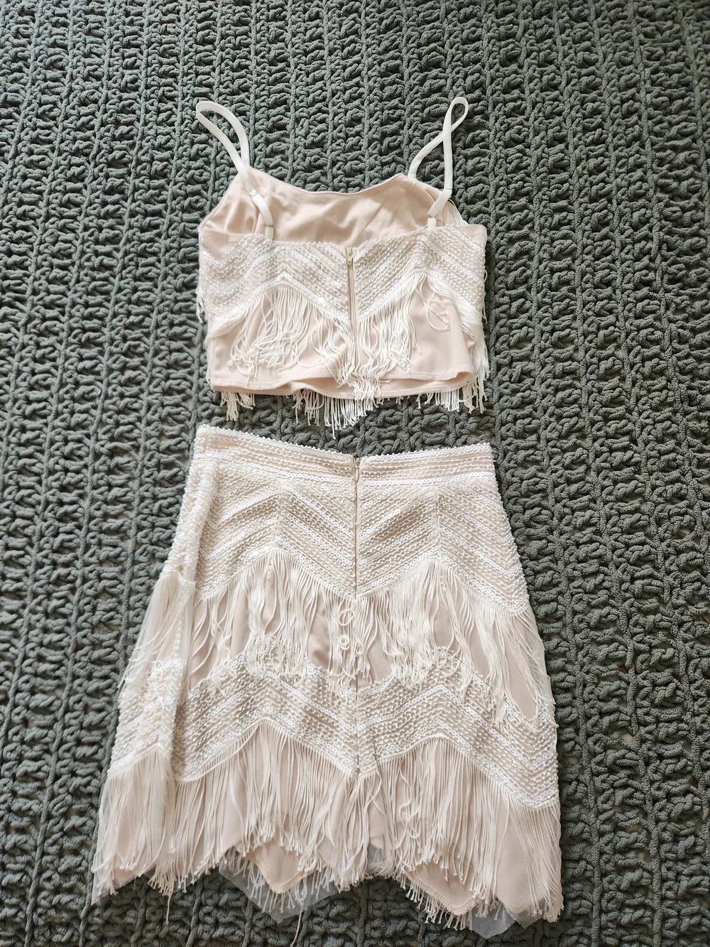 Lulu's White Fringe Beaded Mini Skirt Set - Picture 4 of 8